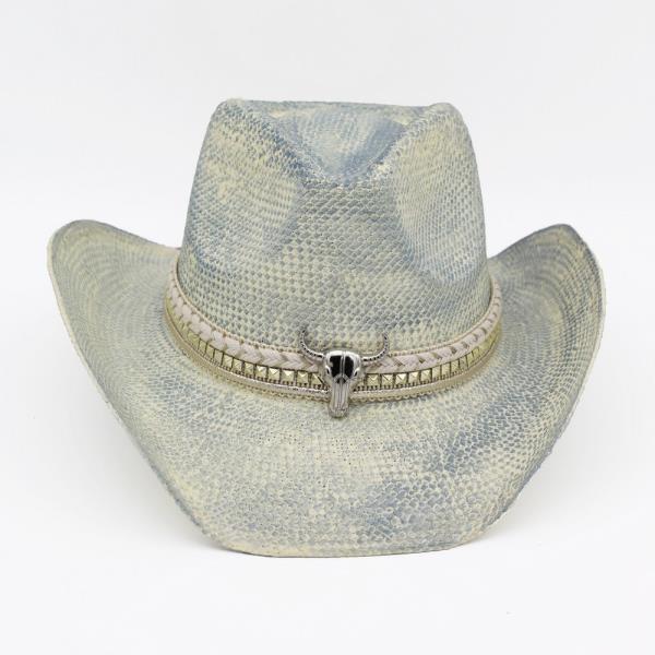 HANDMADE VINTAGE COWBOY HAT WITH SILVER BULL HEAD AND MULTIPLE BANDS.