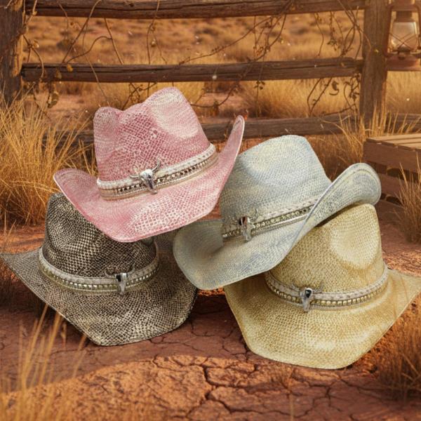 HANDMADE VINTAGE COWBOY HAT WITH SILVER BULL HEAD AND MULTIPLE BANDS.