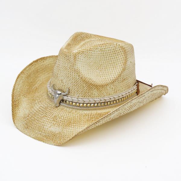 HANDMADE VINTAGE COWBOY HAT WITH SILVER BULL HEAD AND MULTIPLE BANDS.