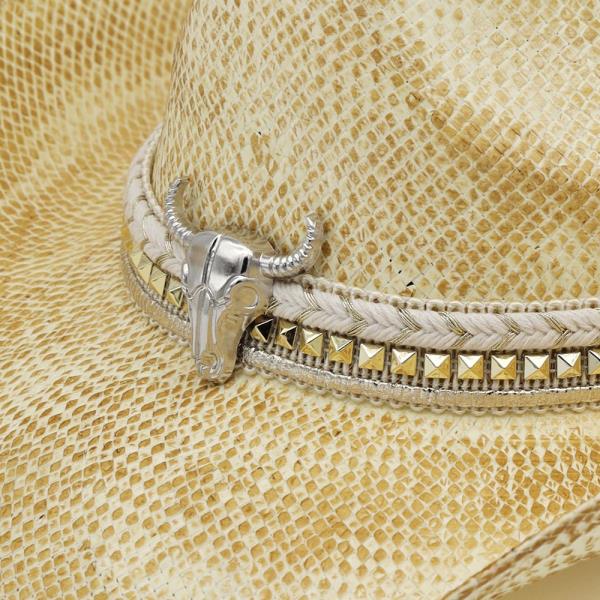 HANDMADE VINTAGE COWBOY HAT WITH SILVER BULL HEAD AND MULTIPLE BANDS.