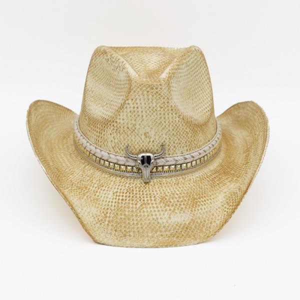 HANDMADE VINTAGE COWBOY HAT WITH SILVER BULL HEAD AND MULTIPLE BANDS.