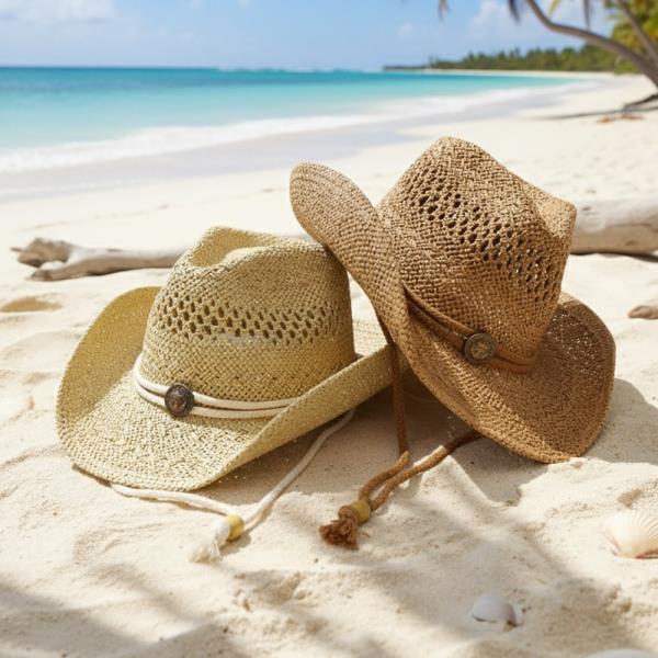 STRAW COWBOY HAT WITH TURQUOISE CONCHO BAND