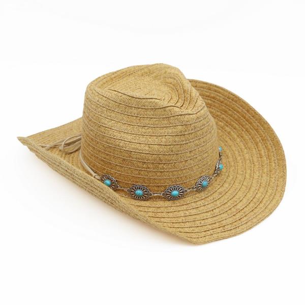 STRAW COWBOY HAT WITH TURQUOISE CONCHO BAND