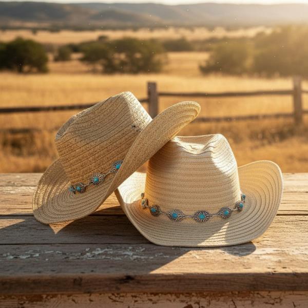 STRAW COWBOY HAT WITH TURQUOISE CONCHO BAND