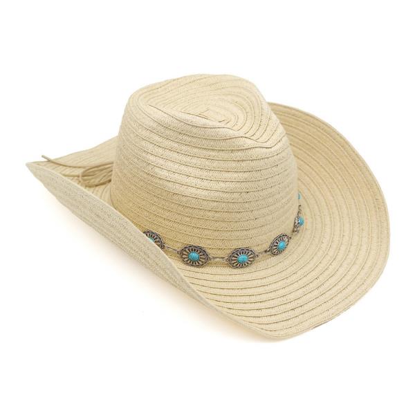 STRAW COWBOY HAT WITH TURQUOISE CONCHO BAND