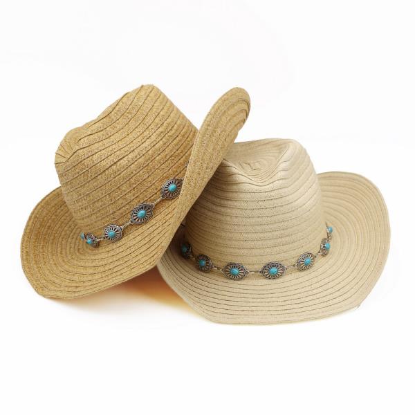 STRAW COWBOY HAT WITH TURQUOISE CONCHO BAND