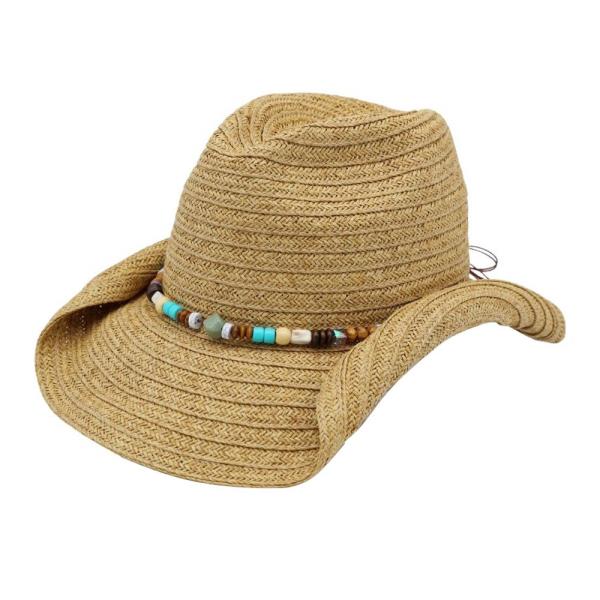 STRAW COWBOY HAT WITH STONE  WOODS BEADS