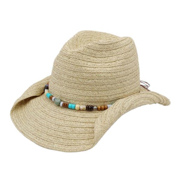STRAW COWBOY HAT WITH STONE  WOODS BEADS
