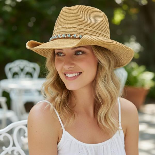 STRAW COWBOY HAT WITH MULTICOLOR BEADED BAND. ONE SIZE