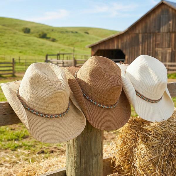 STRAW COWBOY HAT WITH MULTICOLOR BEADED BAND