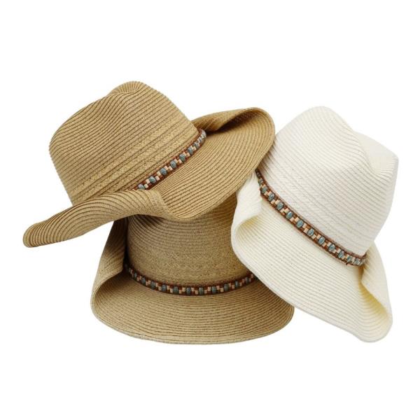 STRAW COWBOY HAT WITH MULTICOLOR BEADED BAND