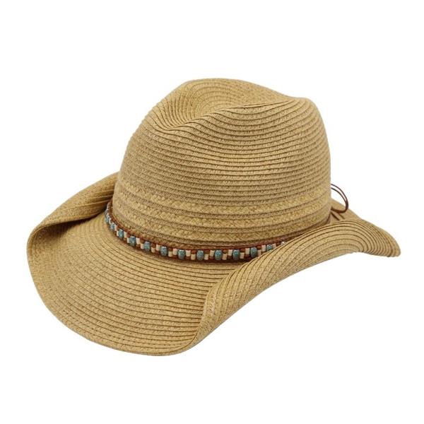 STRAW COWBOY HAT WITH MULTICOLOR BEADED BAND