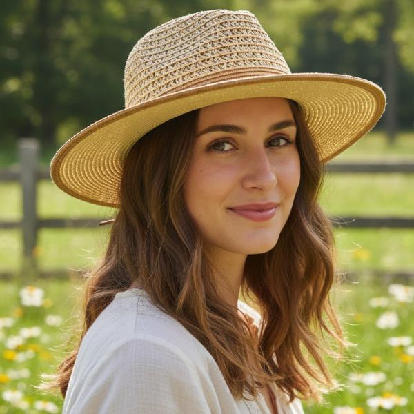 TWO TONE STRAW FEDORA HAT WITH WOVEN CROWN DESIGN