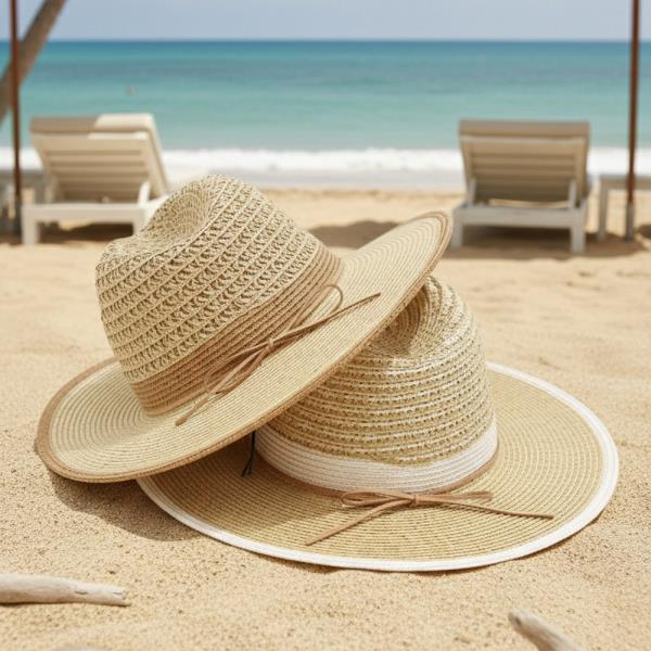 TWO TONE STRAW FEDORA HAT WITH WOVEN CROWN DESIGN