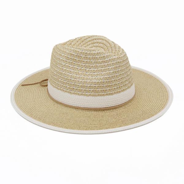 TWO TONE STRAW FEDORA HAT WITH WOVEN CROWN DESIGN