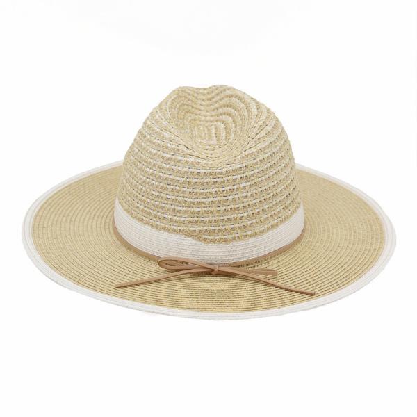TWO TONE STRAW FEDORA HAT WITH WOVEN CROWN DESIGN