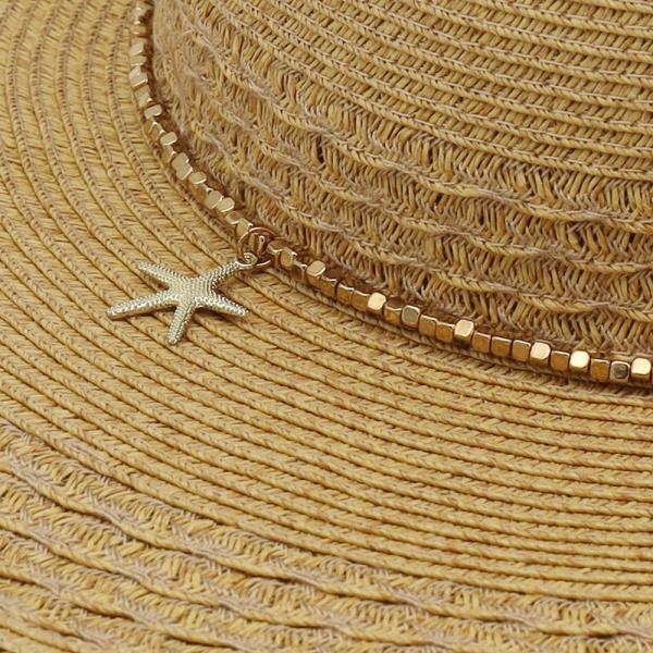 WIDE BRIM STRAW SUN HAT WITH STARFISH CHARM AND SEQUIN BAND