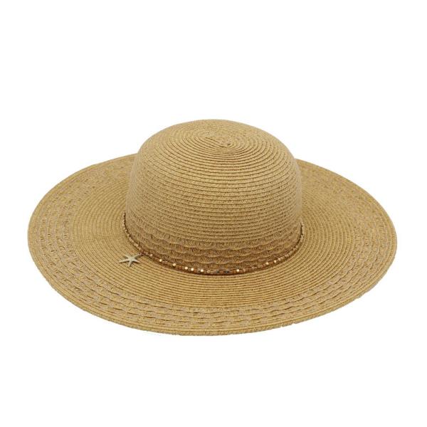 WIDE BRIM STRAW SUN HAT WITH STARFISH CHARM AND SEQUIN BAND