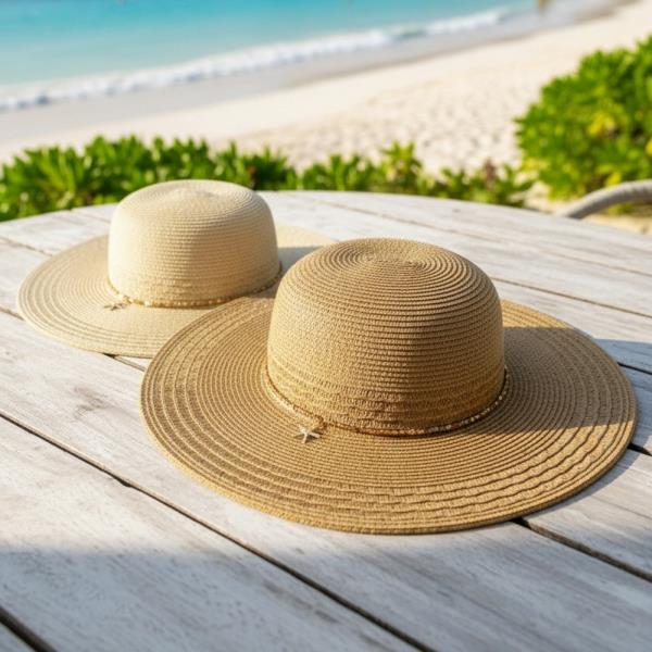 WIDE BRIM STRAW SUN HAT WITH STARFISH CHARM AND SEQUIN BAND
