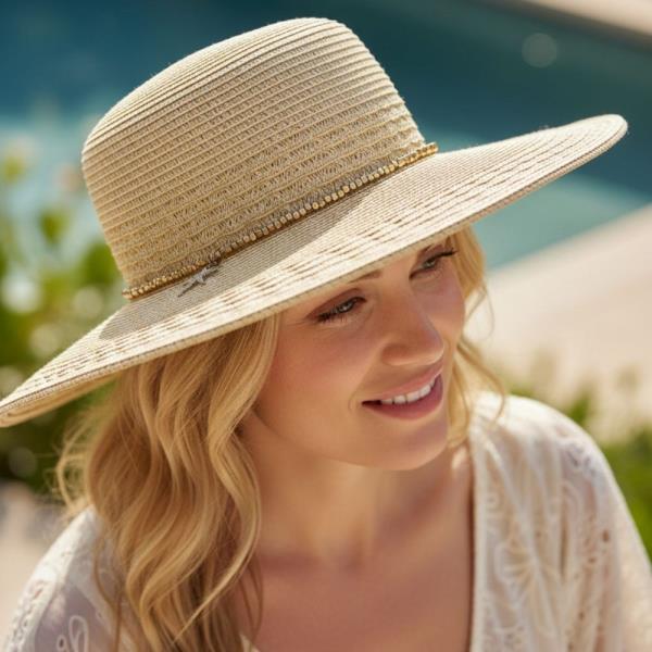 WIDE BRIM STRAW SUN HAT WITH STARFISH CHARM AND SEQUIN BAND