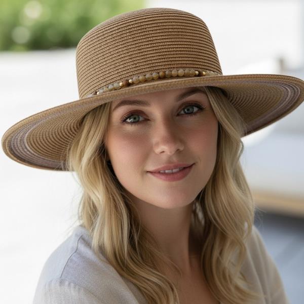 STRAW FEDORA HAT WITH TURQUOISE STONE BAND