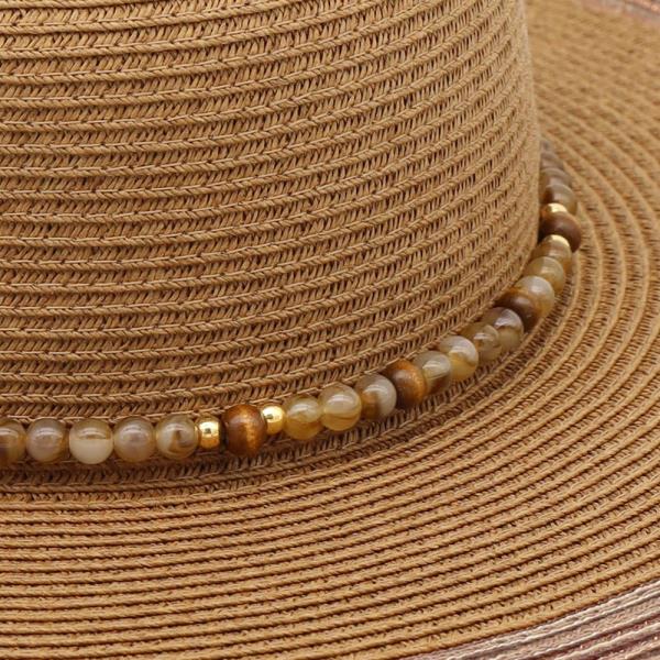 STRAW FEDORA HAT WITH TURQUOISE STONE BAND