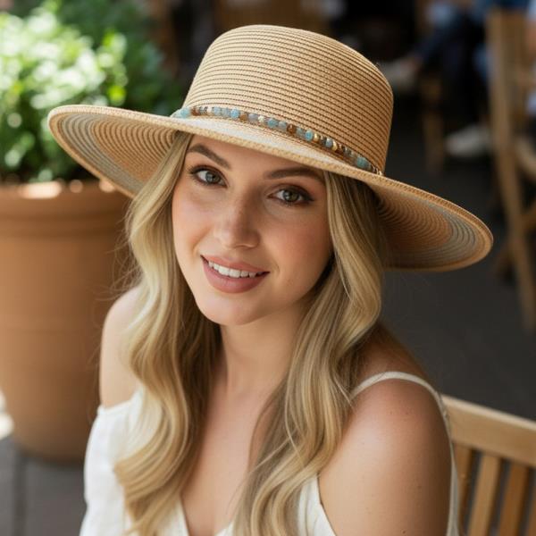 STRAW FEDORA HAT WITH TURQUOISE STONE BAND