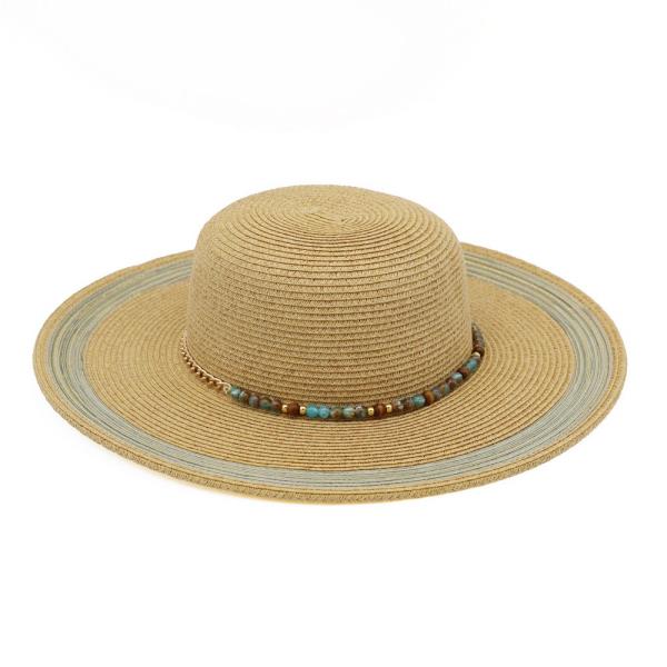 STRAW FEDORA HAT WITH TURQUOISE STONE BAND