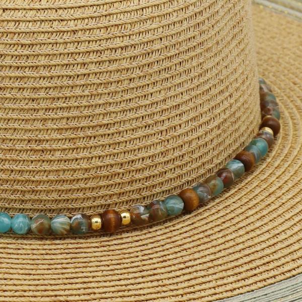 STRAW FEDORA HAT WITH TURQUOISE STONE BAND