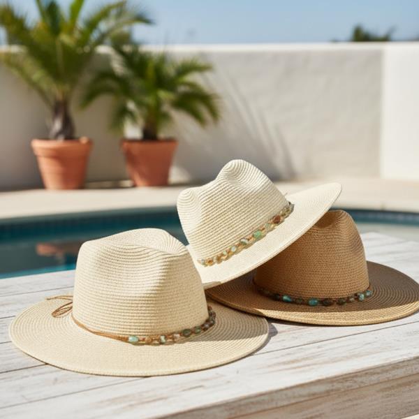 STRAW FEDORA HAT WITH TURQUOISE STONE BAND