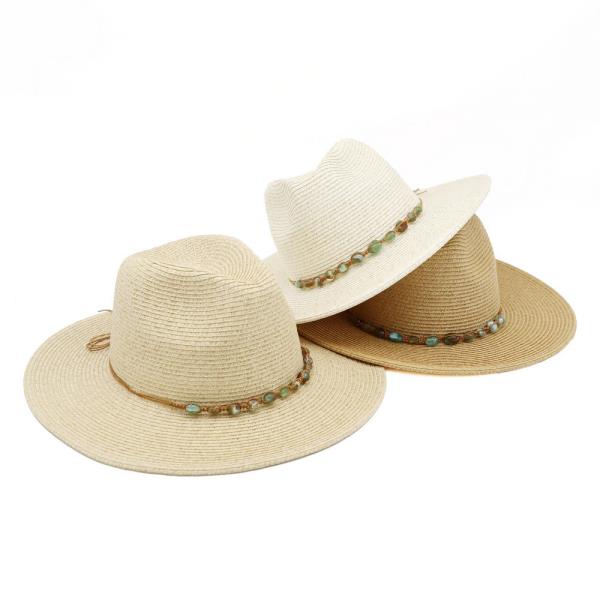 STRAW FEDORA HAT WITH TURQUOISE STONE BAND