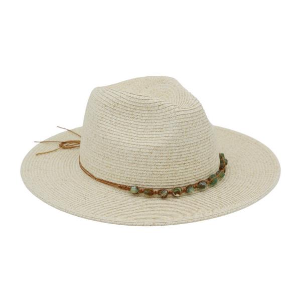 STRAW FEDORA HAT WITH TURQUOISE STONE BAND
