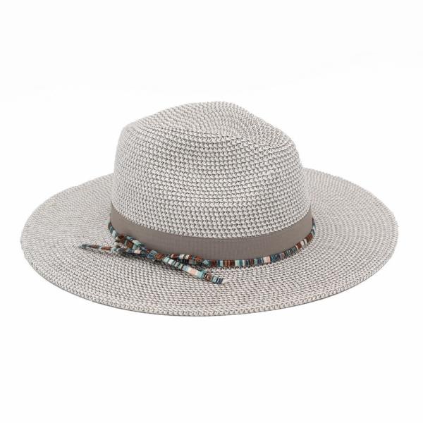 SUMMER STRAW FEDORA HAT WITH WOVEN MULTICOLOR TRIM.