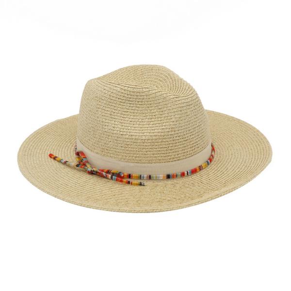 SUMMER STRAW FEDORA HAT WITH WOVEN MULTICOLOR TRIM.