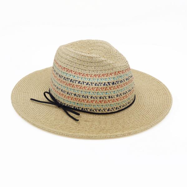 MULTICOLOR WOVEN STRAW FEDORA HAT WITH RIBBON BAND.