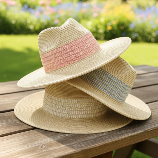 STRIPED COLOR WOVEN BAND STRAW FEDORA HAT.