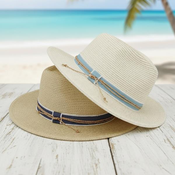 STRAW FEDORA HAT WITH CONTRAST RIBBON AND BRAIDED CORD DETAIL