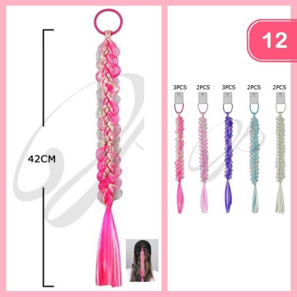 PINK WHITE BRAIDED HAIR PONYTAIL EXTENSION WITH HAIR TIE (12 UNITS)