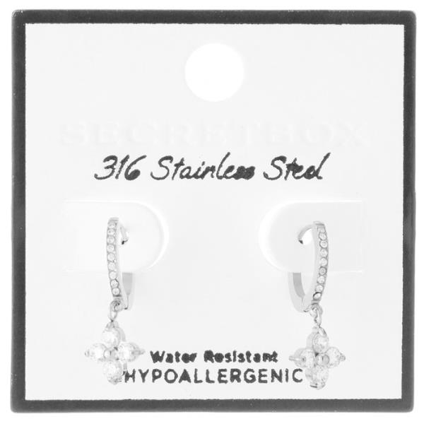 STAINLESS STEEL FLORAL PAVE HUGGIE EARRING