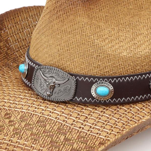 WESTERN STRAW COWBOY HAT WITH TURQUOISE STONE CONCHO AND BULL EMBLEM BUCKLE BAND