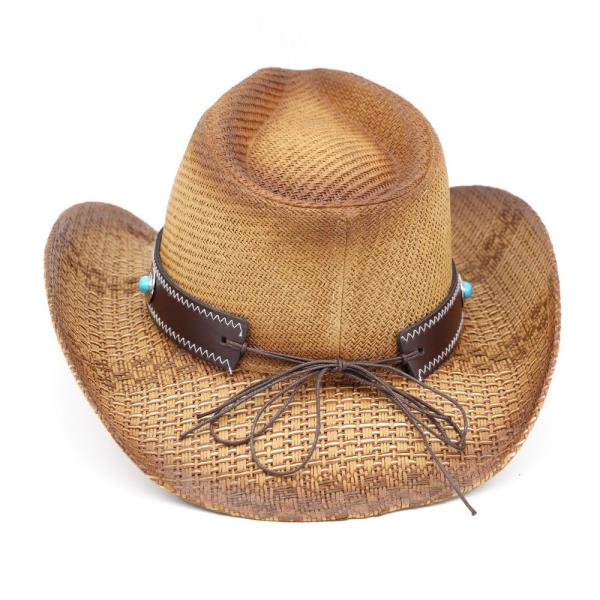 WESTERN STRAW COWBOY HAT WITH TURQUOISE STONE CONCHO AND BULL EMBLEM BUCKLE BAND