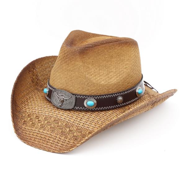 WESTERN STRAW COWBOY HAT WITH TURQUOISE STONE CONCHO AND BULL EMBLEM BUCKLE BAND