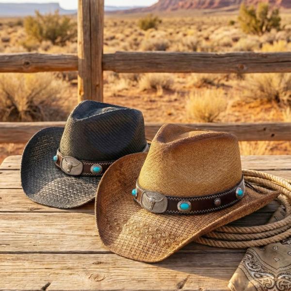 WESTERN STRAW COWBOY HAT WITH TURQUOISE STONE CONCHO AND BULL EMBLEM BUCKLE BAND