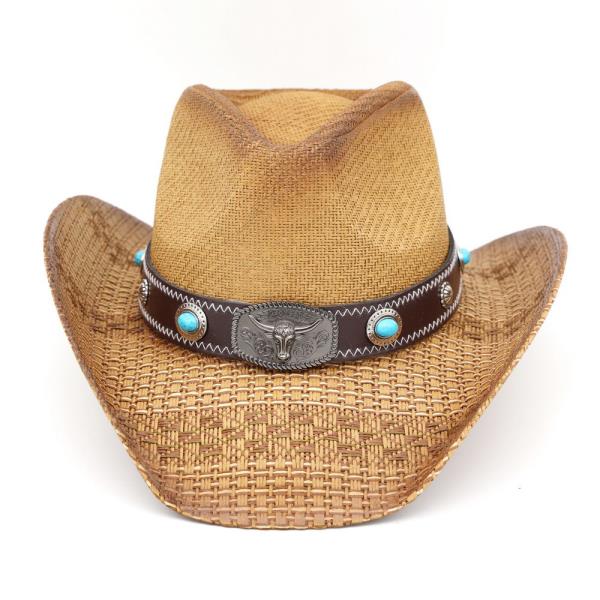 WESTERN STRAW COWBOY HAT WITH TURQUOISE STONE CONCHO AND BULL EMBLEM BUCKLE BAND
