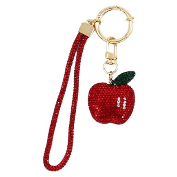 RHINESTONE APPLE ORNAMENT TEXTURED BAG CHARM KEYCHAIN