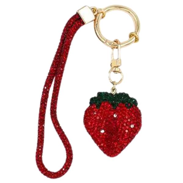 RHINESTONE STRAWBERRY ORNAMENT TEXTURED BAG CHARM KEYCHAIN
