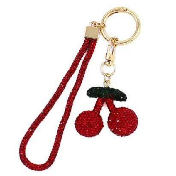 RHINESTONE DOUBLE CHERRY ORNAMENT TEXTURED BAG CHARM KEYCHAIN