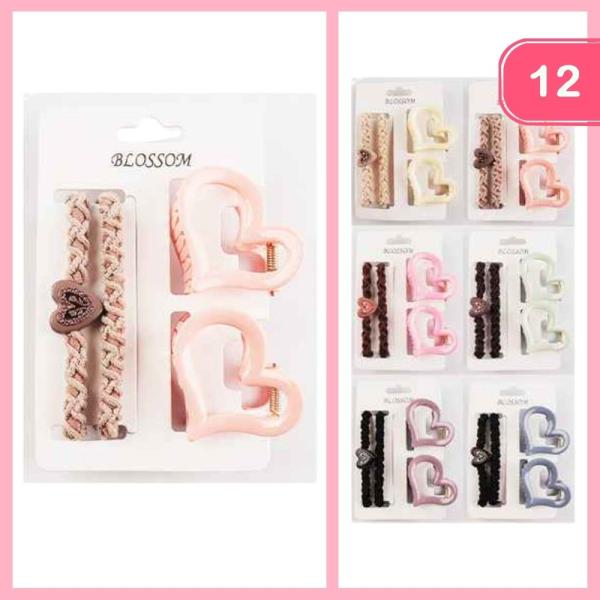 HEART HAIR CLAW CLIP HAIR TIE SET (12 UNITS)