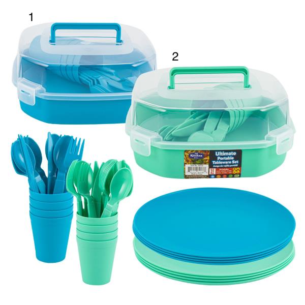 KITCHEN & CO. ULTIMATE PORTABLE TABLEWARE SET - 21 PIECES WITH CASE BLUE OR TEAL