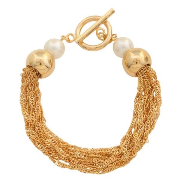 SODAJO CHAIN LINK PEARL METAL BEAD TOGGLE CLASP GOLD DIPPED BRACELET